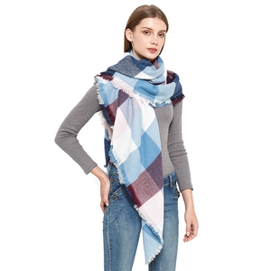 Women's plaid square scarf with tassels in blue, pink, and red checkered pattern