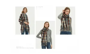 Close-up of plaid tassel scarf showing blue and brown knit texture in various styles