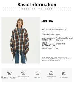 Detail specifications for blue plaid scarf with fringes and polyester texture