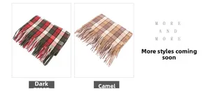 Detail of plaid scarves with tassels in dark green and camel color variants