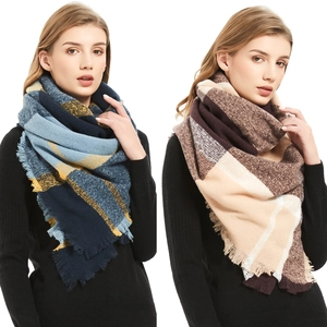 Écharpe Châle À Carreaux Tricot Grand Carré Franges Effet Cachemire Épais Chaud Hiver Automne Extérieur Quotidien Femmes