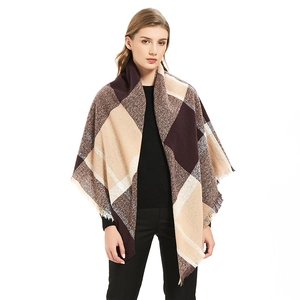Écharpe châle d'hiver à carreaux bleus et marrons pour femme avec bords à franges doux