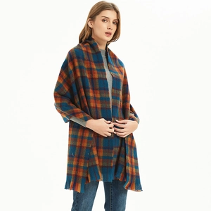 Thick autumn winter oversized plaid scarf with navy blue and orange tassels for men and women