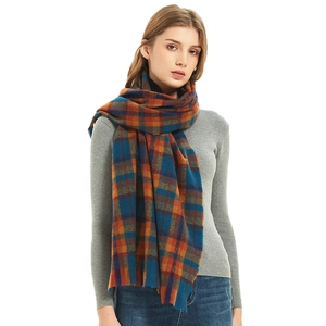 Classic plaid winter scarf with orange and blue fringe shawl for men and women