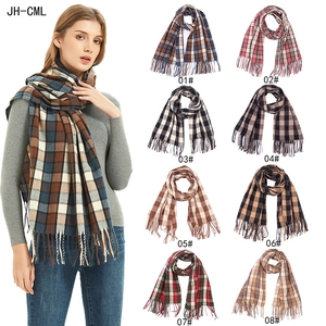 Classic plaid scarf with fringe, showing model wearing and eight color options