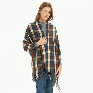Classic checkered fringe scarf in navy blue and brown plaid for a warm winter look