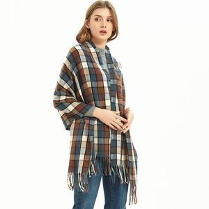 Classic checkered fringe scarf in brown and blue plaid for autumn and winter outfits