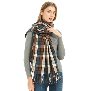 Classic plaid scarf shawl with fringe tassels in brown and navy blue check patterns