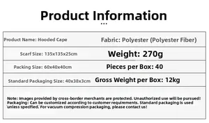 Größentabelle für Kapuzenponcho aus Polyestergewebe mit Maßen 135x135x25cm