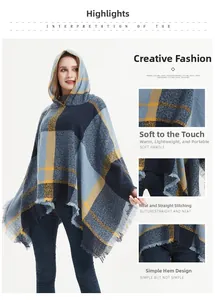 Details des karierten Kapuzenponchos mit weichem Stoff und sauberem Fransen-Saum