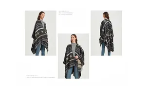 Three-angle view of a grey knitted star poncho shawl with striped patterns for women
