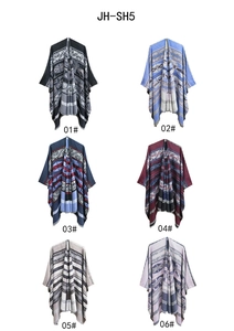 Detailed grid of six knit ponchos showing geometric patterns and various color options