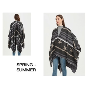 Front and back view of a grey knitted shawl featuring star patterns and colorful stripes