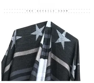 Close-up of knitted star pattern shawl showing detailed fabric texture and grey stripes