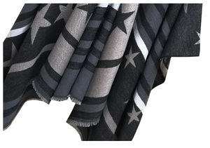 Close-up of star pattern knit shawl showing soft fabric texture and fringe details
