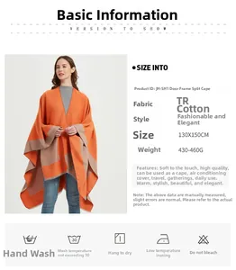 Detail of 130x150cm TR cotton split poncho featuring orange and beige color block design
