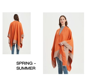 Detail of orange and beige color-block knitted poncho cape with elegant split sides
