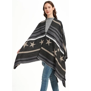Women's star pattern knit poncho cape with tassel hem and striped design in dark grey