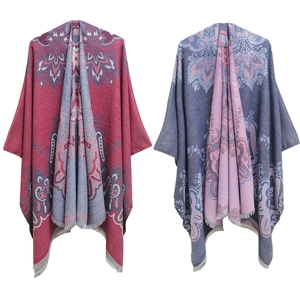 Bohemian geometric jacquard tassel shawl poncho for women with vintage floral patterns