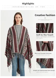 Detail of bohemian geometric jacquard shawl with soft fringe trim and wine red knit patterns
