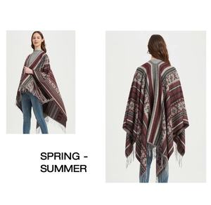 Detail showing jacquard ethnic pattern and tassel hem on burgundy knit poncho