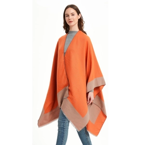 Orange and khaki color-block knit shawl poncho with fine fringe hem for women