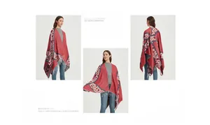 Three-angle view of a red knit poncho for women featuring leopard print and white tassels