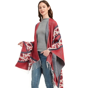 Women's leopard print poncho with tassels in red, navy blue, and beige knit fabric