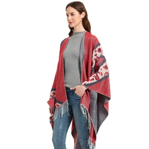 Women's leopard print shawl cape with geometric red and grey knit stripes and tassels
