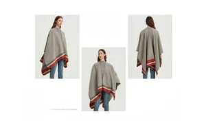 Three-way view of a grey plaid knit poncho with red and white horizontal stripes