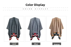 Three color options for plaid ponchos in black-red, blue, and orange patterned knit