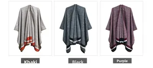 Detailed comparison of khaki, black, and purple plaid knit ponchos with split hem design