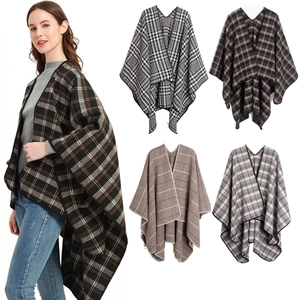 Women's thick houndstooth knit shawl cape with open front design in various plaid patterns