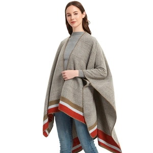 Women Plaid Acrylic Shawl Slit Cape Fashion Winter Warm Knitted Poncho Tassel Outerwear Wrap