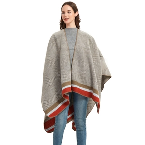 Women's plaid shawl poncho with classic grey check pattern and colorful striped hem