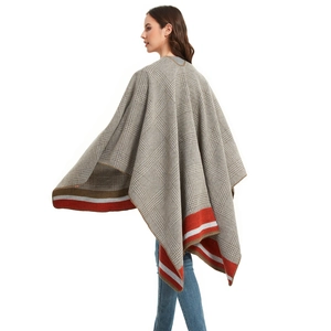 Women's plaid knit shawl poncho in grey and khaki with striped hem for autumn and winter