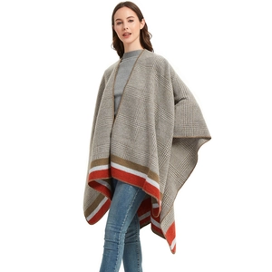 Women's plaid knitted poncho cape with houndstooth pattern and contrast stripes