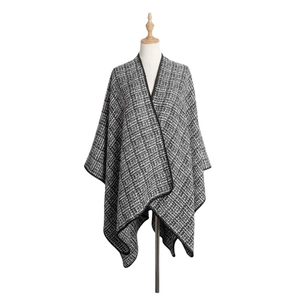 Cape pour femme à motif pied-de-poule, devant ouvert avec bordure noire élégante