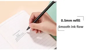 Gros plan d'un stylo gel noir 0,5 mm avec un débit d'encre fluide sur carnet