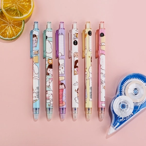 Set of 6 cute cartoon erasable gel pens with 0.5mm tip and matching correction tape
