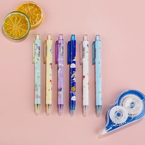 Set of retractable erasable gel pens with cartoon astronaut designs and a correction tape