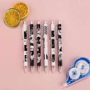 Detail of 6 retractable erasable gel pens with astronaut space theme on pink background