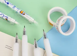 Detail of cute retractable craft knife pen with ergonomic grip and cartoon patterns