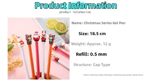 Detailed specs of 0.5mm Christmas gel pens featuring Santa and reindeer cartoon toppers