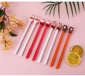 Close-up of 8 Christmas gel pens with snowman, Santa, reindeer, and bear toppers