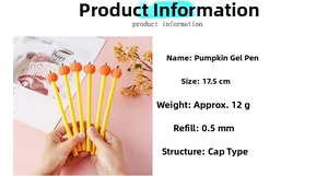 Detail view of pumpkin gel pen showing 17.5cm length and 0.5mm tip specifications