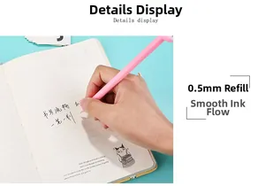Dettaglio di una penna gel rosa da 0,5 mm che scrive in modo fluido su carta a righe