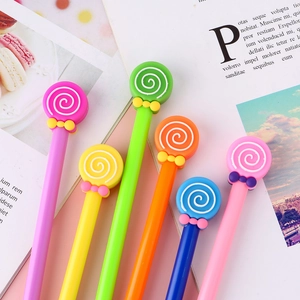 Set of 6 cartoon lollipop pens with bow tie decor in assorted pastel colors