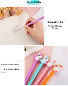 Detail of 0.5mm unicorn gel pens set showing smooth writing and silicone unicorn toppers