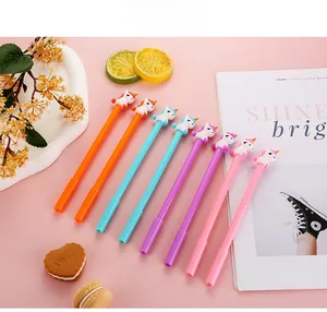 Detailed close-up of colorful cartoon unicorn pens in pink, blue, purple, and orange sets